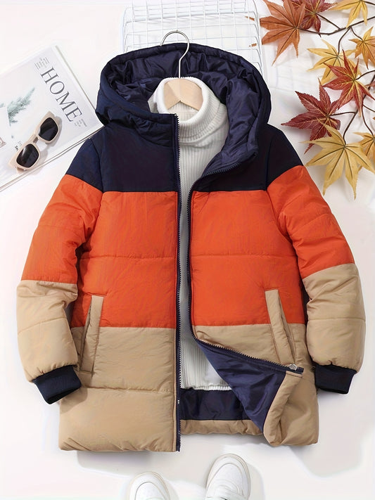 Color Block Zip Hooded Coat - Lightweight, Padded, Warm, and Water-Resistant Winter Outerwear for Boys and Girls