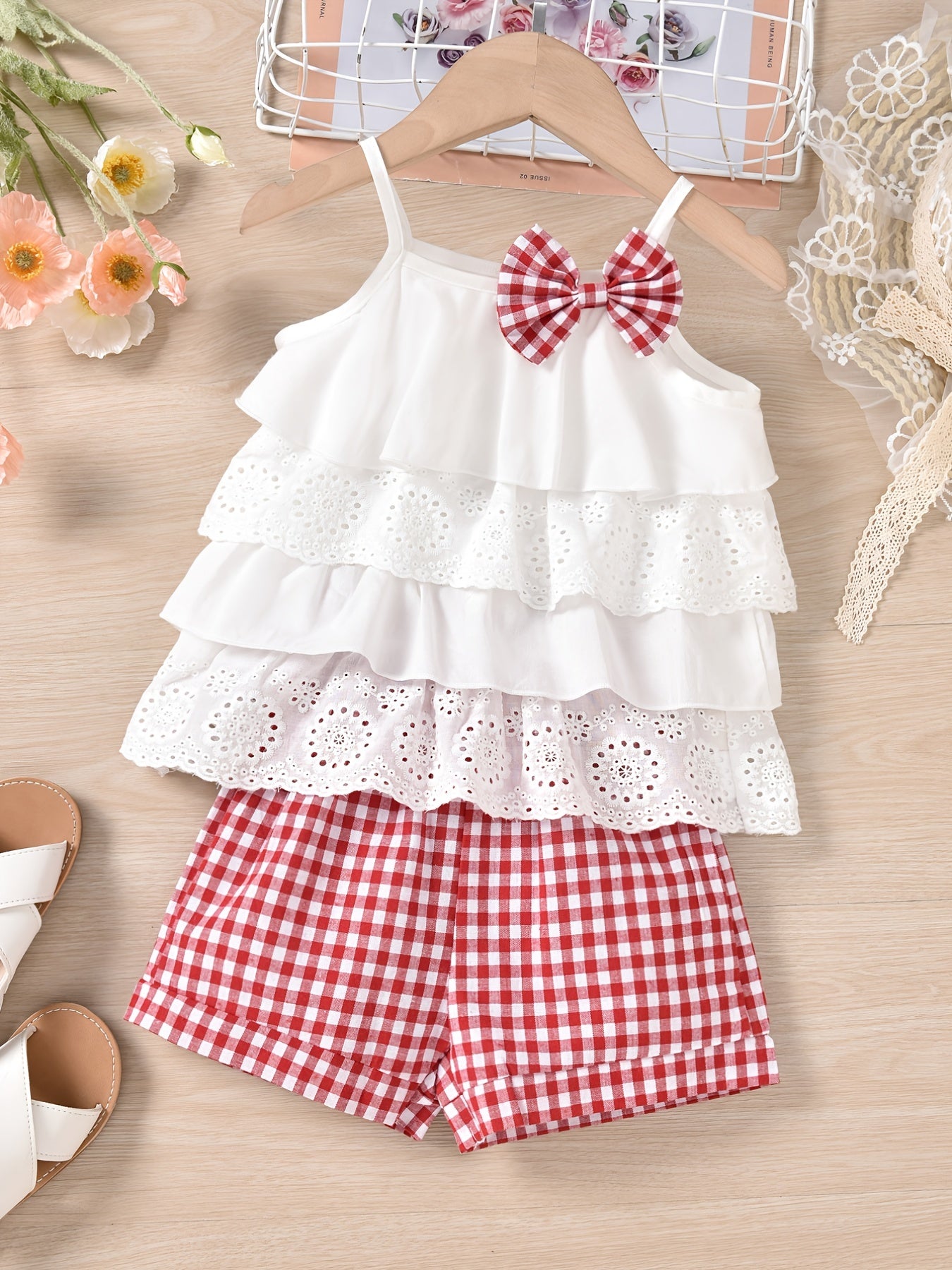 2pcs Ruffles Cami Top & Elastic Waist Plaid Shorts Set - Girls Summer Clothes with Flower Hollow Bow