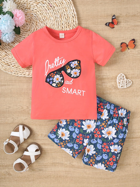 Baby's Cartoon Sunglasses Print 2pcs Outfit, "Pretty And Smart" Print T-shirt & Flower Full Print Shorts Set, Toddler & Infant