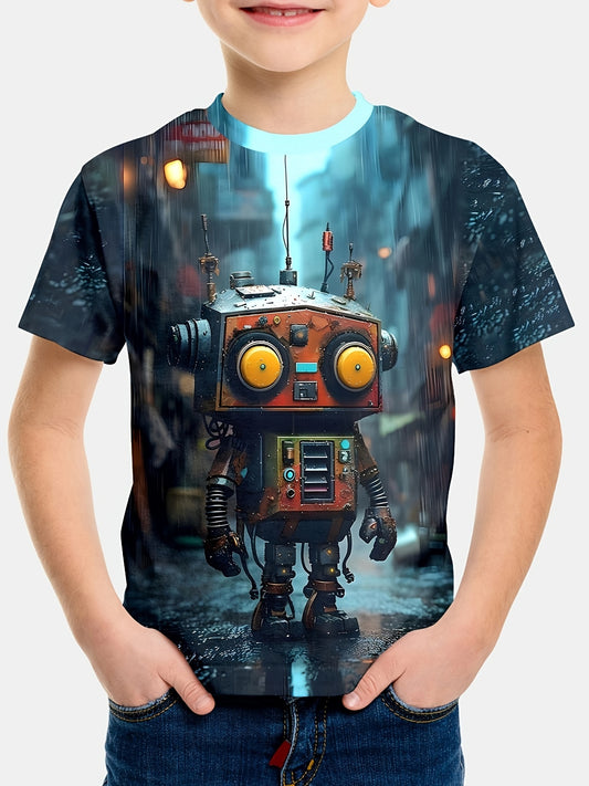 Cool Cartoon Robot 3D Print Boy's Casual T-shirt, Short Sleeve Comfy Tee Tops, Summer Outdoor Sports Clothing