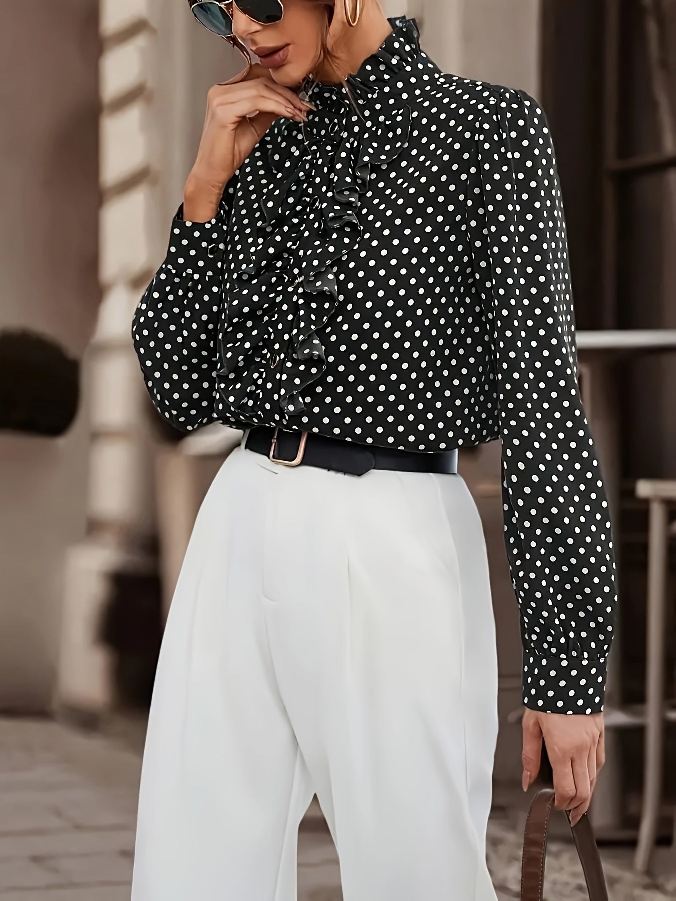 Flirty Polka-dot Ruffle Blouse - Timeless Vintage Style - Long Sleeve For Spring & Fall - Chic Womens Fashion