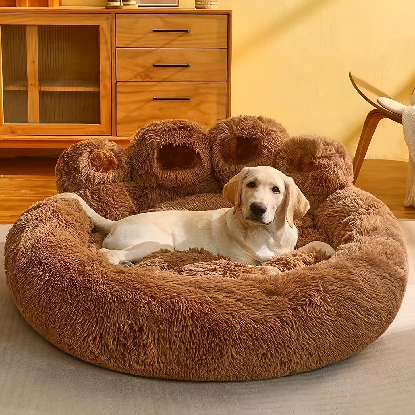 Warm And Comfortable Soft Dog Round Mattress - Coffee Colored - Cute Bear Paw Shaped Dog Bed And Cat Bed - Calm Donut Pet Bed - Plush Dog And Cat Cushion Bed With A Pet Scarf