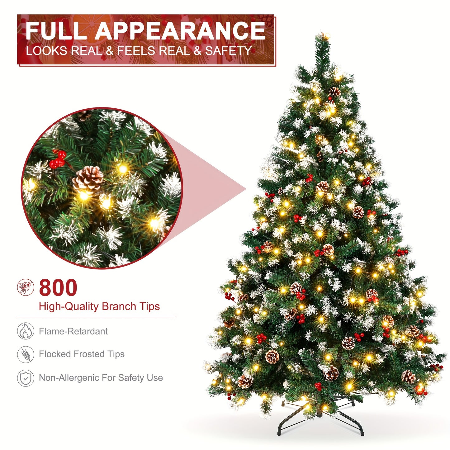 6 Ft Prelit Artificial Christmas Tree – 800 PVC Tips, 250 Warm White LED Lights, Hinged Branches & Metal Stand