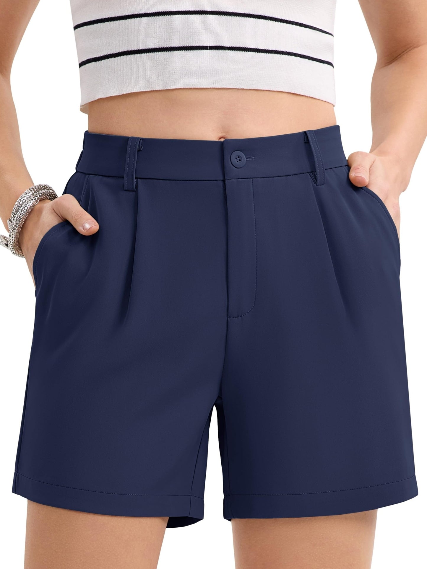 Women's Shorts Dressy Casual Pleated Straight Leg Shorts Summer Elastic Waist Mid Rise Shorts With Pockets Solid Casual Outdoor Shorts Straight-Leg Camping Shorts Breathable Lightweight Stylish Running Shorts