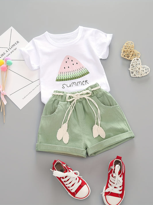 Two-Piece Watermelon Print Short Sleeve Cute Girls Layette Set - Soft Fabric, Elastic Waistband, Adorable Design