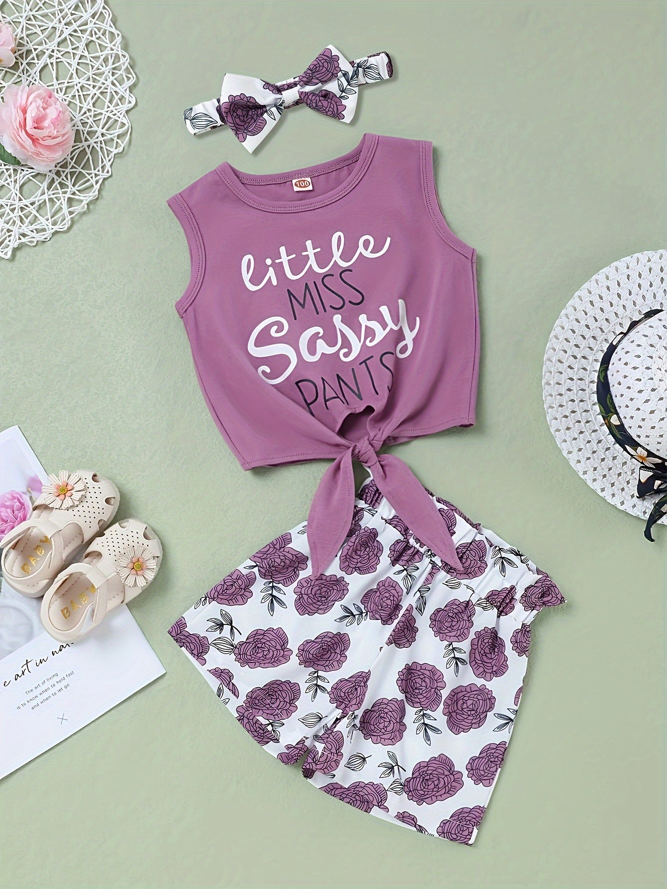 Baby Girl "Little Miss Sassy Pants" Tank Top & Floral Shorts Set – 2-Piece Outfit with Headband