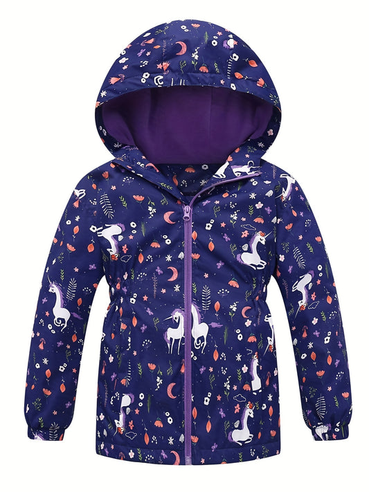 Whimsical Unicorn Graphic Hooded Jacket for Toddler Girls - Waterproof, Windproof, Zipper Coat with Cartoon Design - Perfect for Spring and Casual Outings