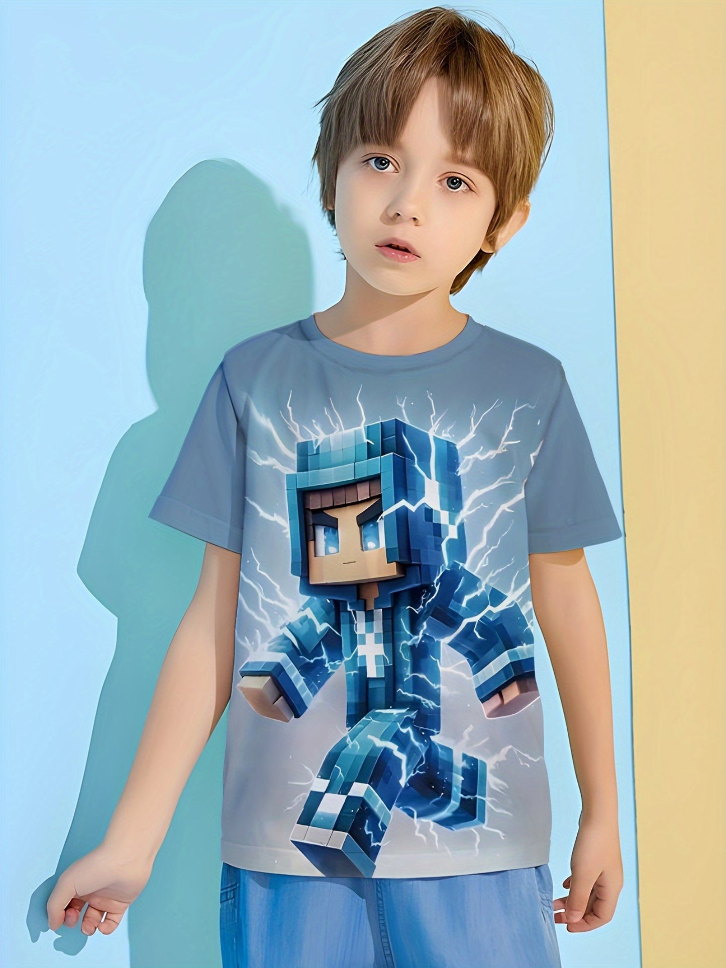 Vibrant Boys' 3D Geometric Tee - Tees with Crew Neck, Short Sleeves, Slight Stretch, and Regular Fit for Comfortable Summer Wear - Blue, Ideal for Children 12 and Under