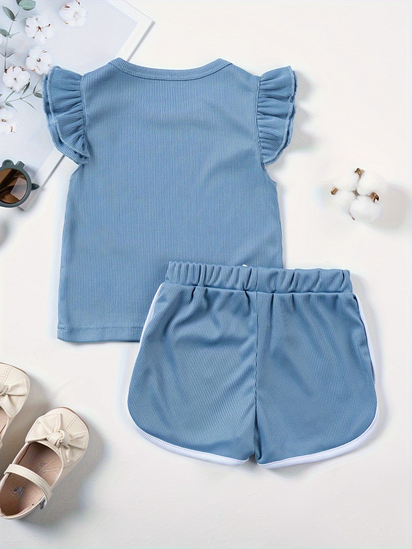 2pcs Baby Girl’s Summer Outfit – Ruffle Crew Neck Top & Bowknot Sporty Shorts