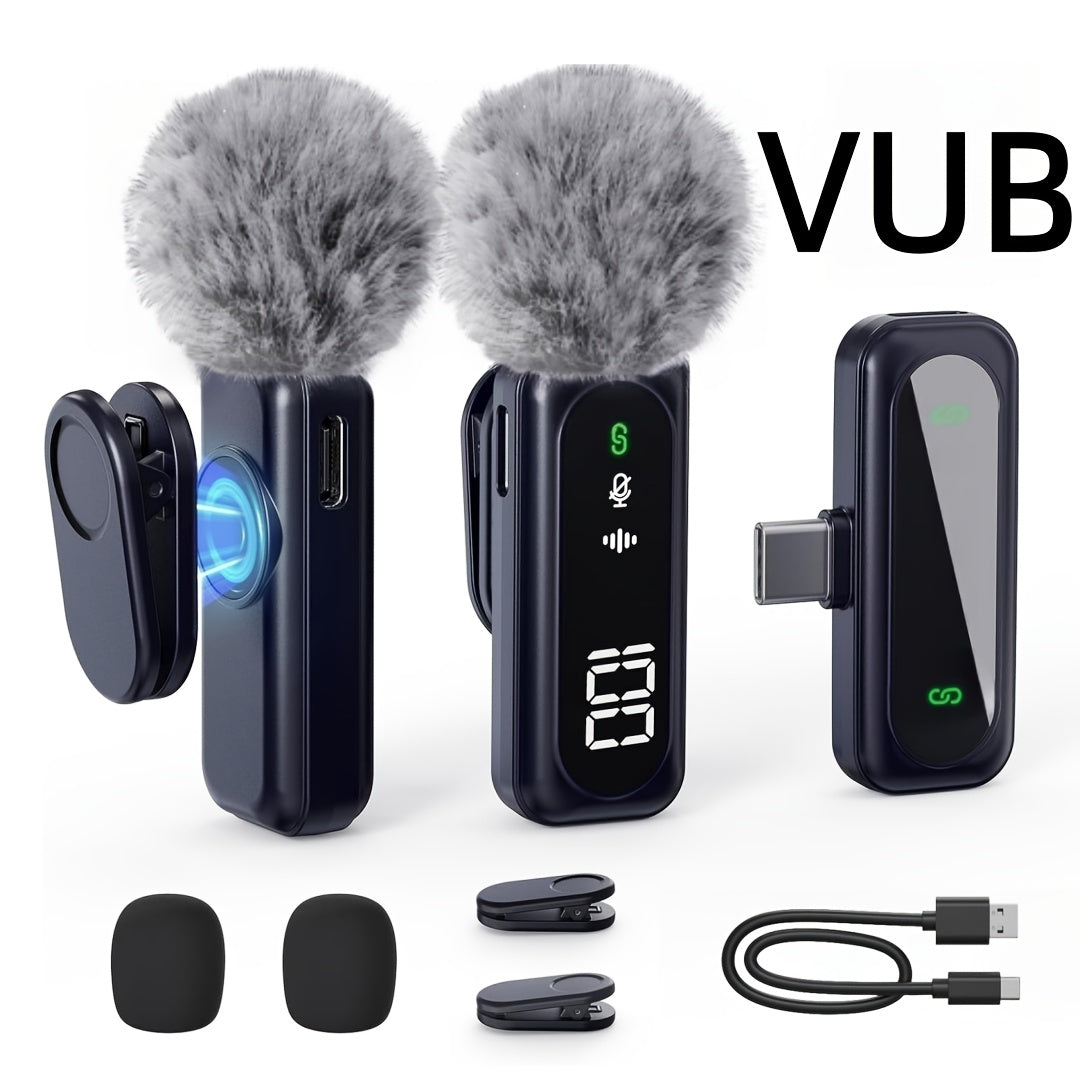 Professional Wireless Lavalier Microphone with Digital Battery Display, Feather Windshield, 360° Omnidirectional, USB-C Connector, 100ft Range, 2.4G Wireless Function, DSP Chip Professional Noise Reduction, Rotatable Magneti