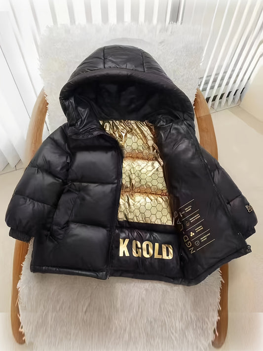 2024 Youngsters' Black & Golden Graphene-Lined Winter Jacket - Warm, Thick Padded Coat with Hood for Boys & Girls