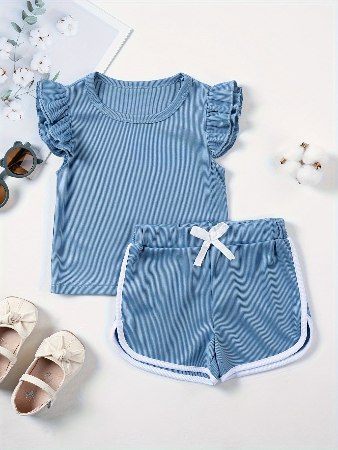 2pcs Baby Girl’s Summer Outfit – Ruffle Crew Neck Top & Bowknot Sporty Shorts