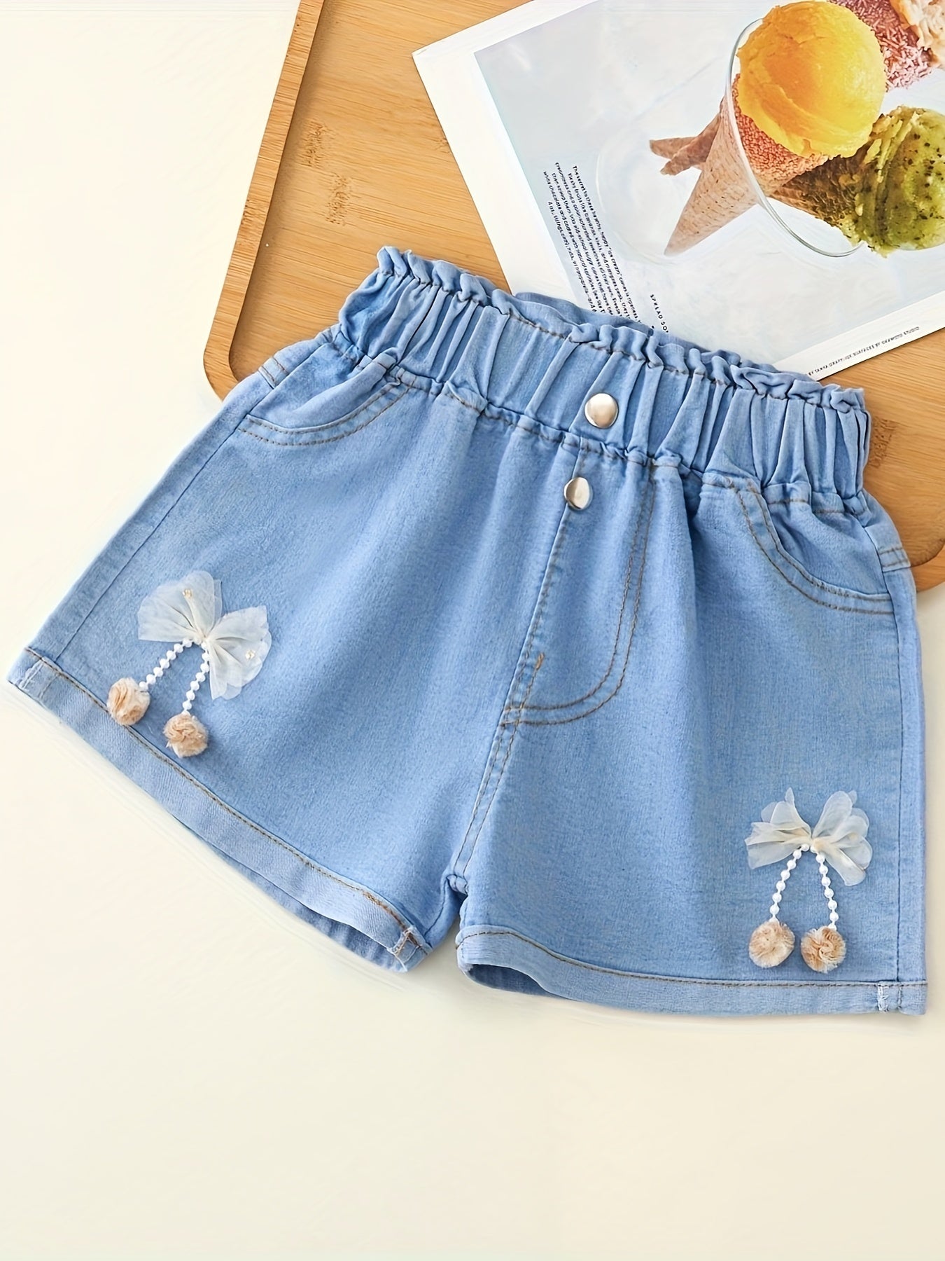 Girls' Floral Patched Light Blue Jean Shorts - 82% Cotton, Elastic Waist, Cuffed Hem, Casual All-Match