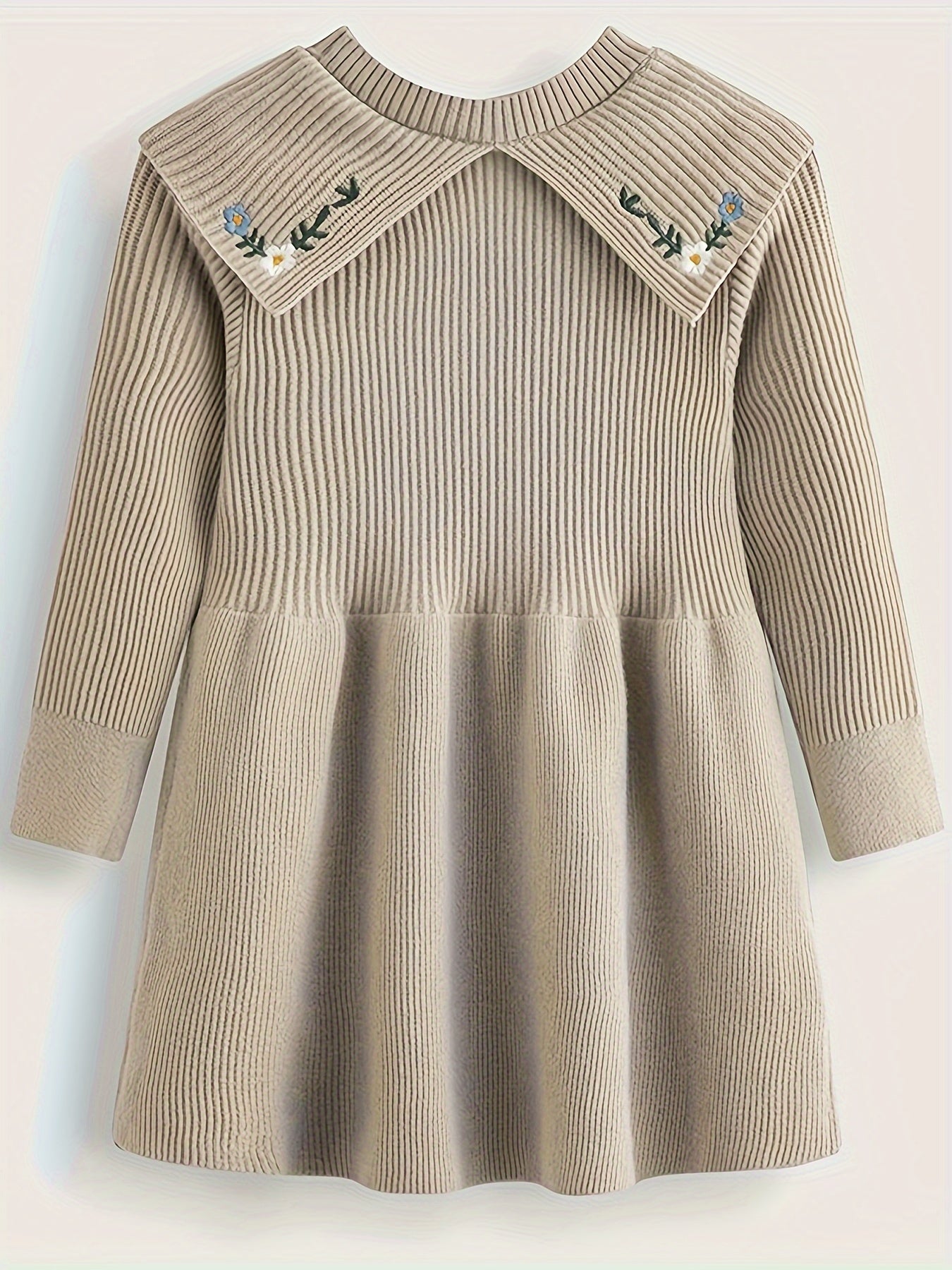 Girls' Embroidered A-line Short Sweater Dresses with Knitted Flower Pattern Lapel Collar for Fall Winter