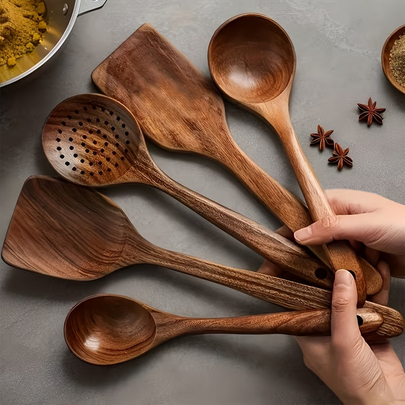 5pcs/3pcs/4pcs Premium Wooden Kitchen Utensil Set - Ergonomic Handles, Natural Wooden Spoon, Stirring Spoon, Soup Spoon Non-Stick Pan Turner, Heat-resistant & Easy to Clean, Durable Kitchen Essential Accessories, Perfect Chri