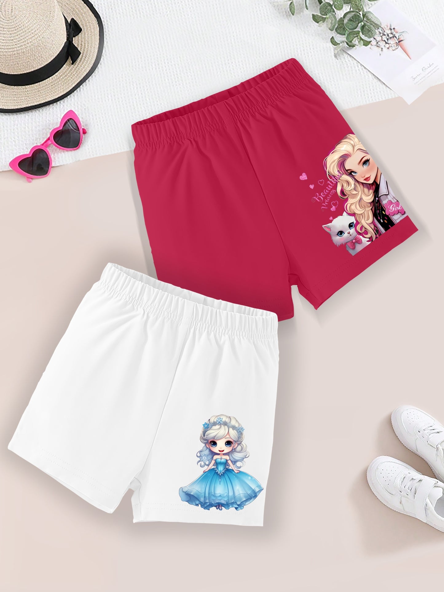 Girls 4pcs/set Cute & Casual Cartoon Princesses Graphic Print Shorts