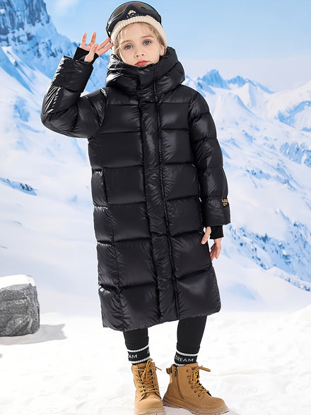 Girls Long Hooded Coat, Thick Warm Stylish Long Sleeve Casual Snow Suits, Fall/Winter — view 1 of kids' clothing
