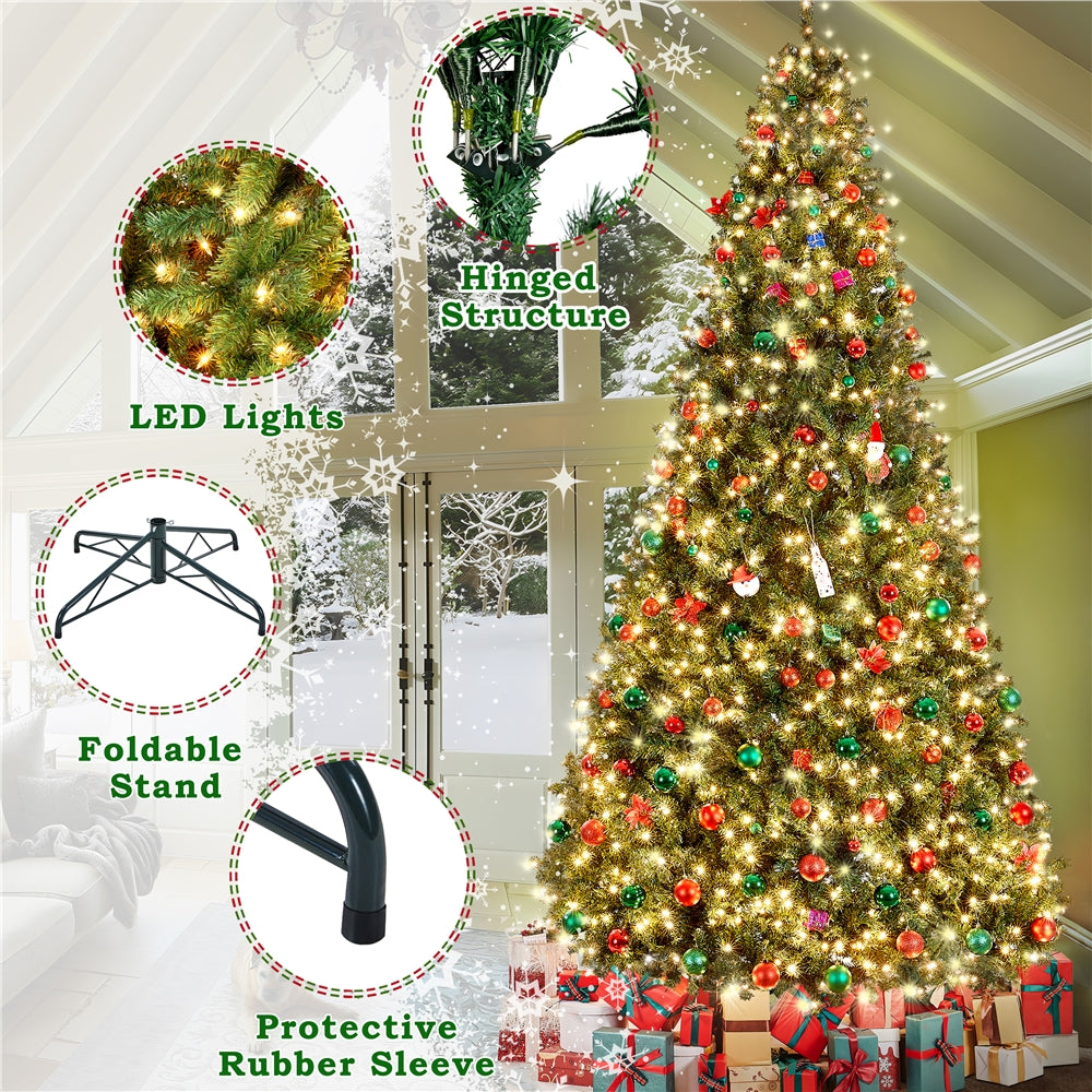 Costoffs 4ft/4.5ft/6ft/7.5ft/9ft/12ft Christmas Tree Hinged Prelighted Pine Tree for Home Party Holiday Decoration with Lights, Easy Assembly, Metal Hinges & Foldable Base