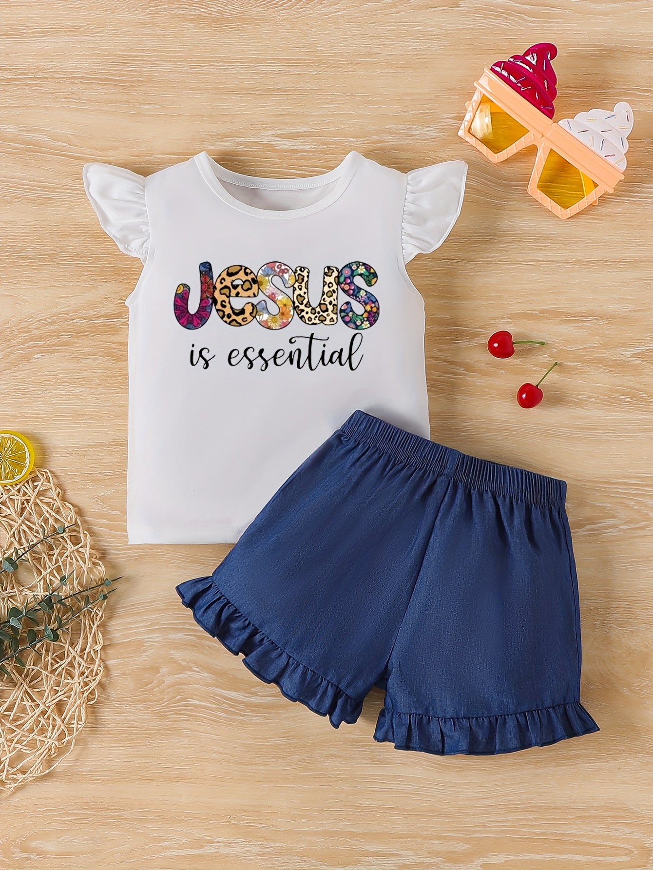 Jesus Is Essential Print, Baby Girls' Trendy & Stylish Outfit, 2pcs/set Short Sleeve Crew Neck Ruffle Trim Tee & Ruffle Hem Shorts For Spring & Summer, Toddler Girls' Clothing