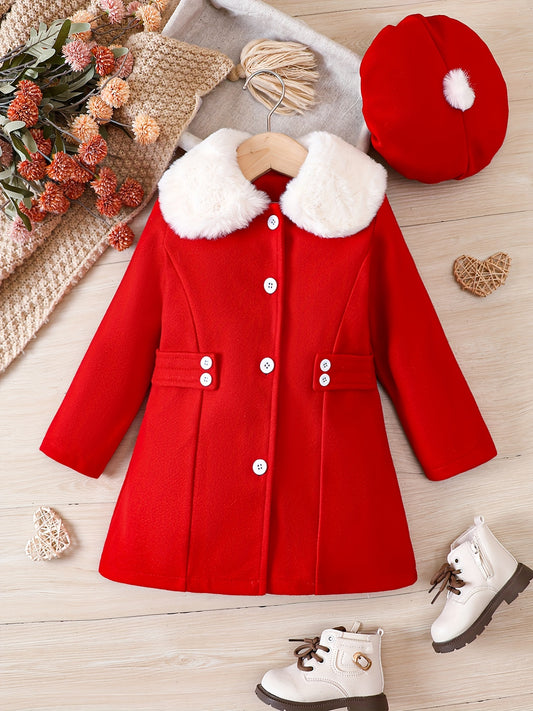 Girls' Luxurious Winter Coat Set - Elegant Dress Coats with Fur Collar, Button Front, and Matching Hat - Warm, Stylish, and Chic Outerwear for Cold Weather