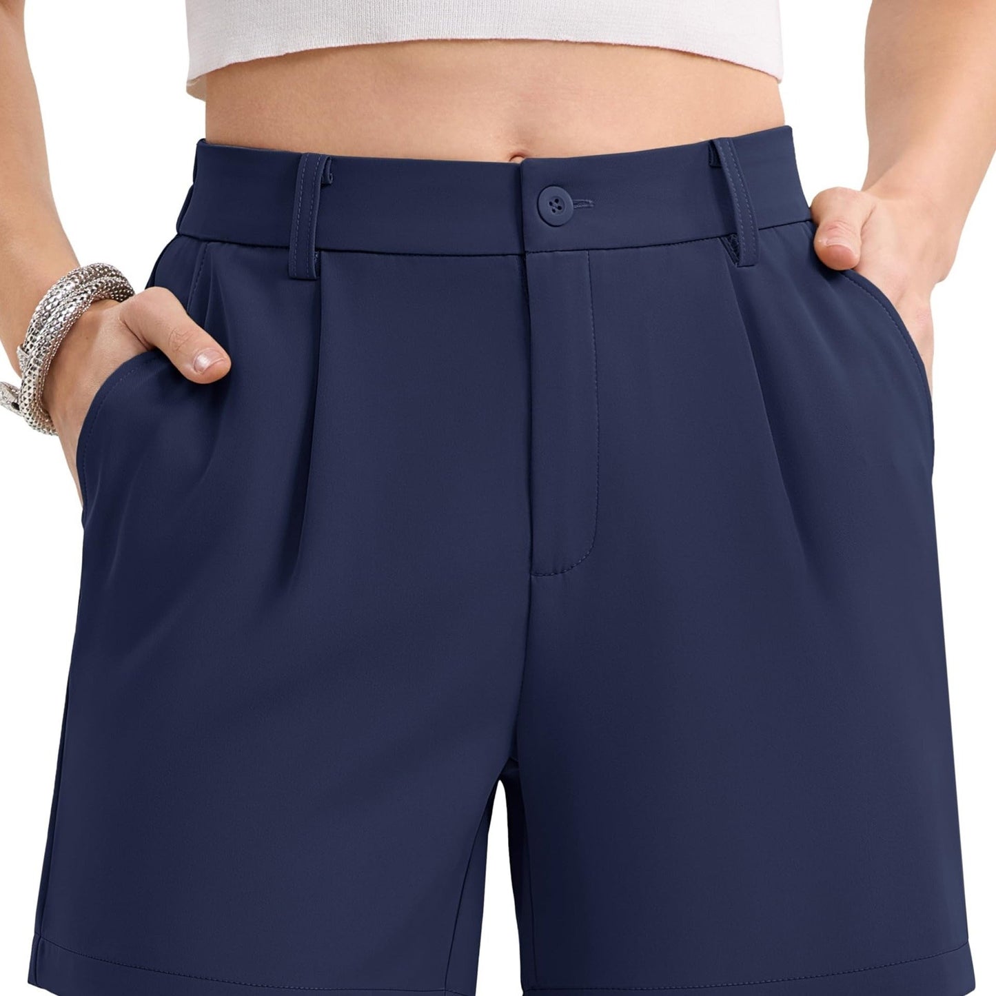 Women's Shorts Dressy Casual Pleated Straight Leg Shorts Summer Elastic Waist Mid Rise Shorts With Pockets Solid Casual Outdoor Shorts Straight-Leg Camping Shorts Breathable Lightweight Stylish Running Shorts