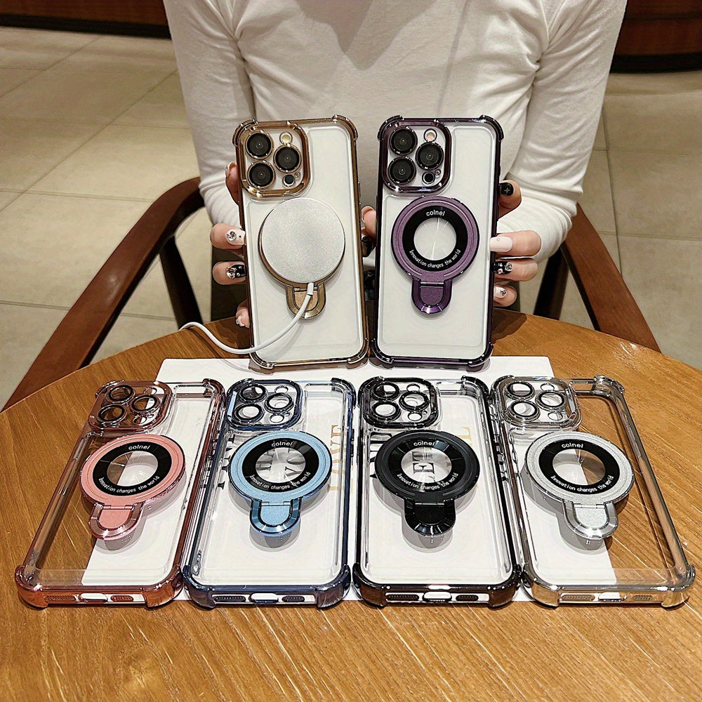 Phone Case: 3pcs [1 Phone Cover with 2 Clear Screen Protectors] Stylish Plated Magnetic Stand Case for iPhone 16 15 14 13 12 11 Pro Max with Holder Stand Shock-Resistant Cover
