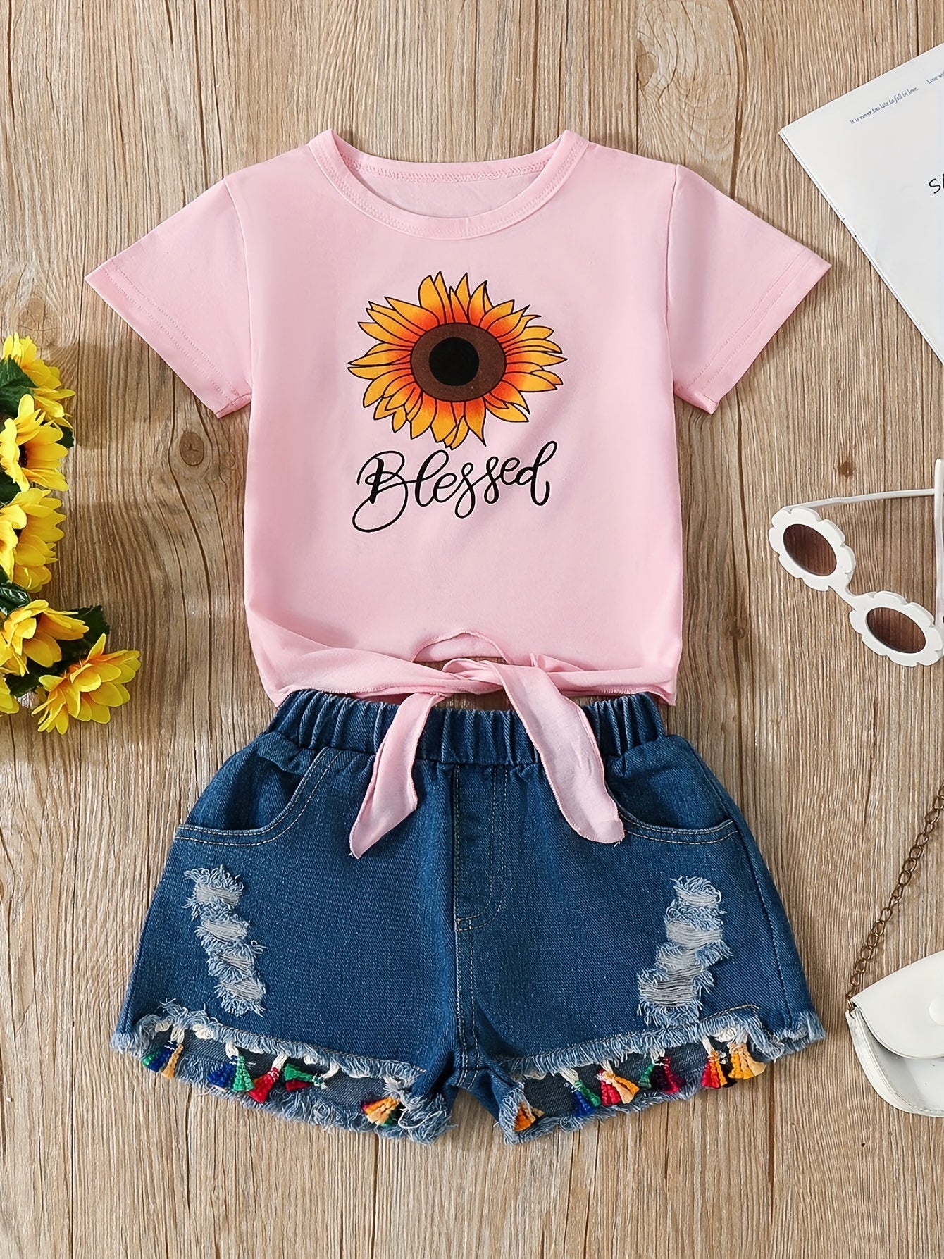 2pcs Comfy Girls Casual Short Sleeve T-shirt & Denim Shorts Set, Sunflower And Letter Graphic Print Summer Kids Outdoor Clothing