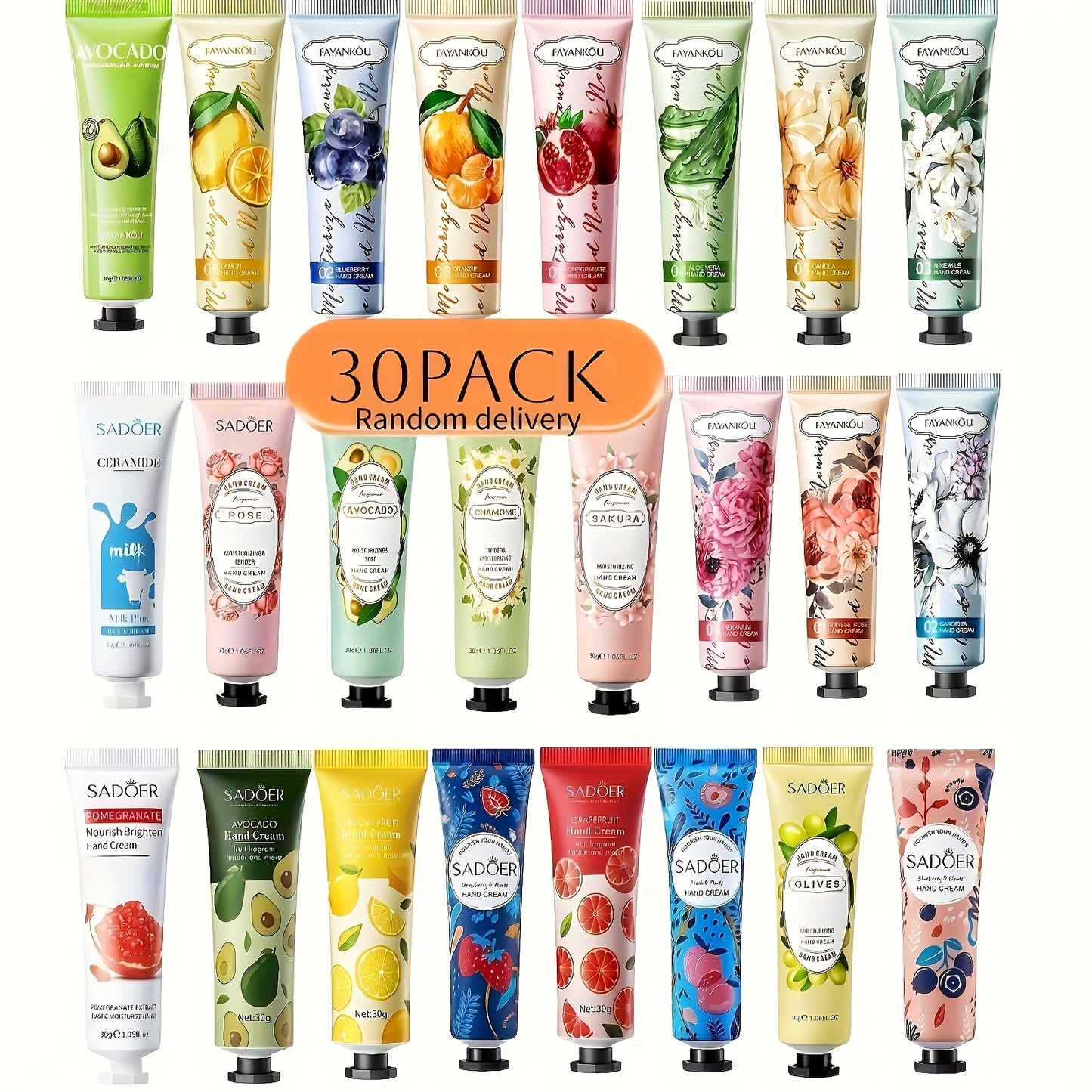 30-Piece Hand Cream Set, Randomly Shipped, Autumn/Winter Moisturizing Plant-Based Fragrance Lotion, Suitable for Cracked Hands, Body-Hand Care Moisturizing Cream, Body Hydrating Mini Hand Cream, Travel Size Bulk Pack