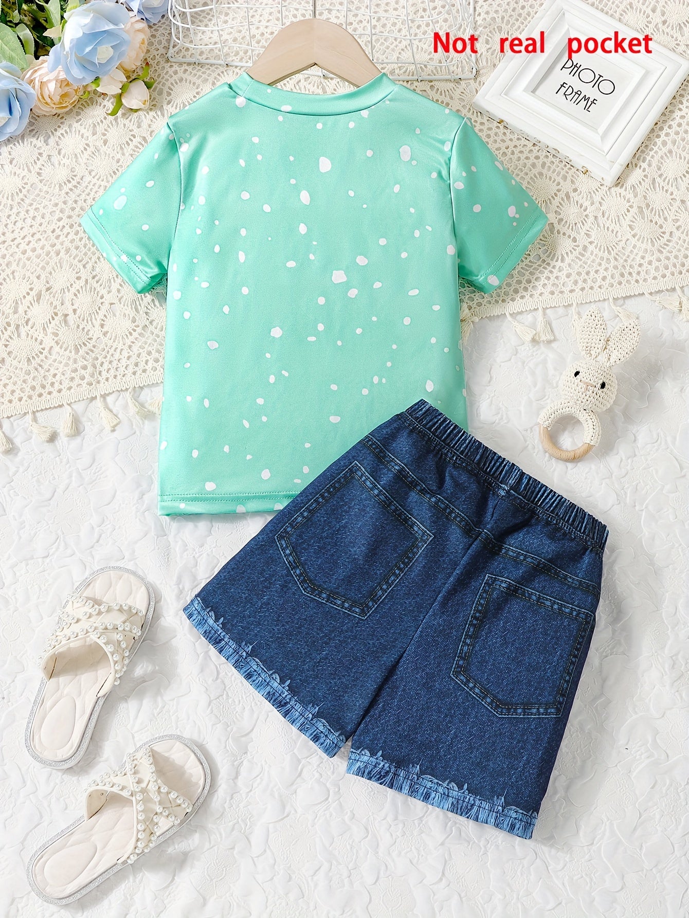 Bowknot Kitty Print Girls 2PCS Short Sleeve Top + Imitation Denim Print Shorts Set, Casual Holiday Summer Outfit