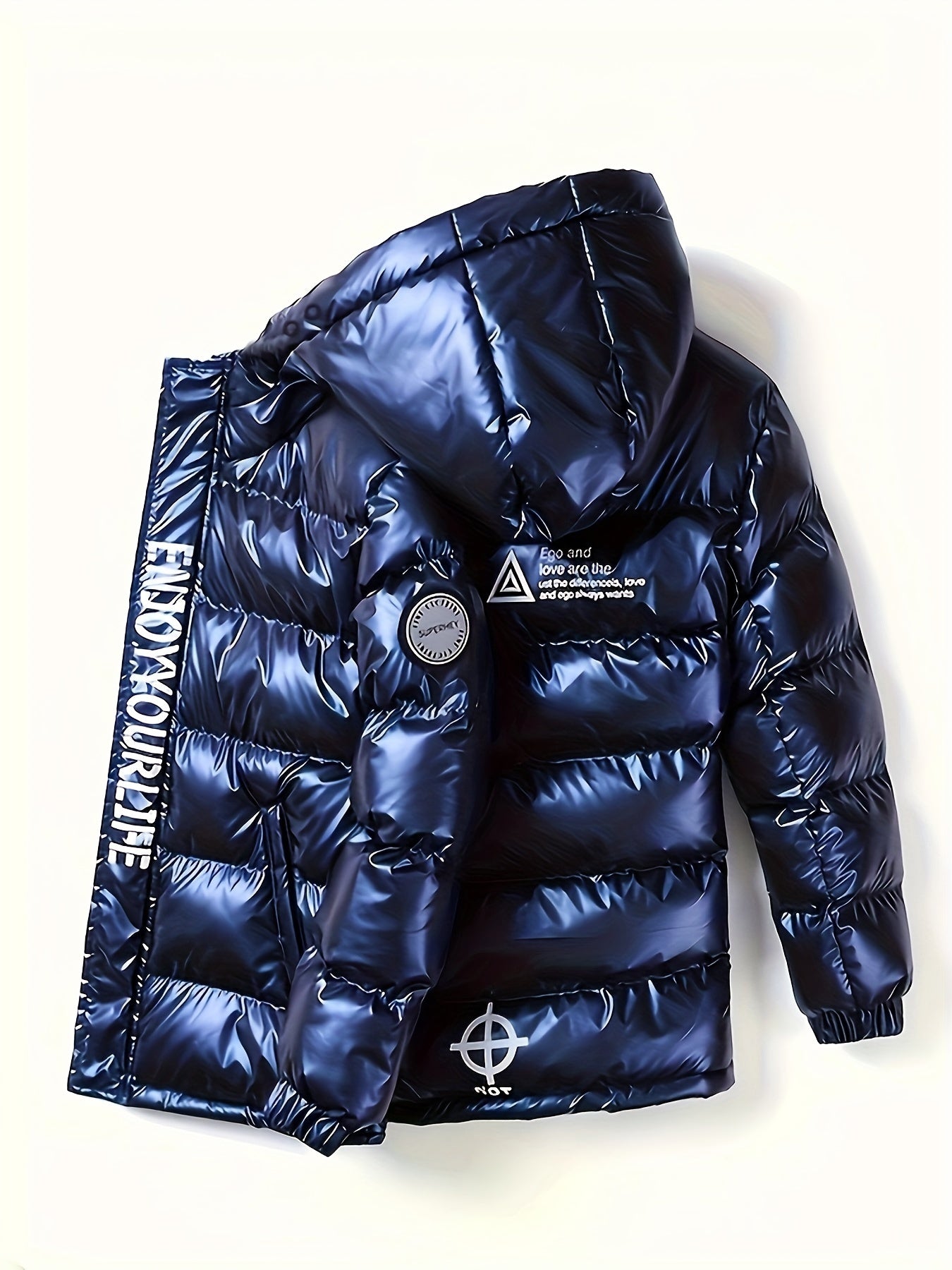 Boys' Warm Metallic Color Hooded Padded Jacket - Snow Suits with Zip Up Coat, Ego and Love Letters Print