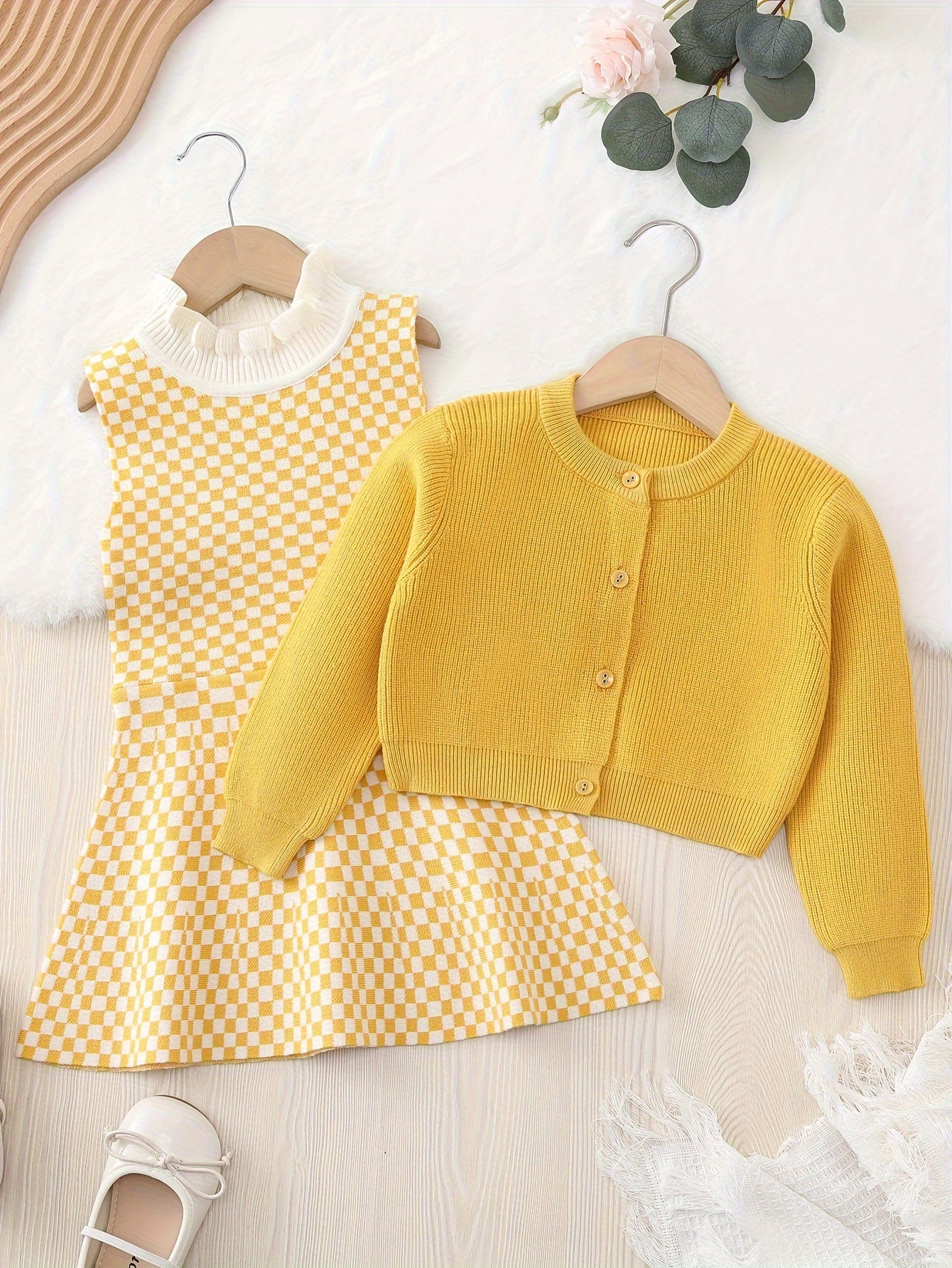 2024 2pcs Knitwear Outfits, Long Sleeve Cardigan + Checkered Ruffle Trim Sleeveless Knit Dress Set for Girls