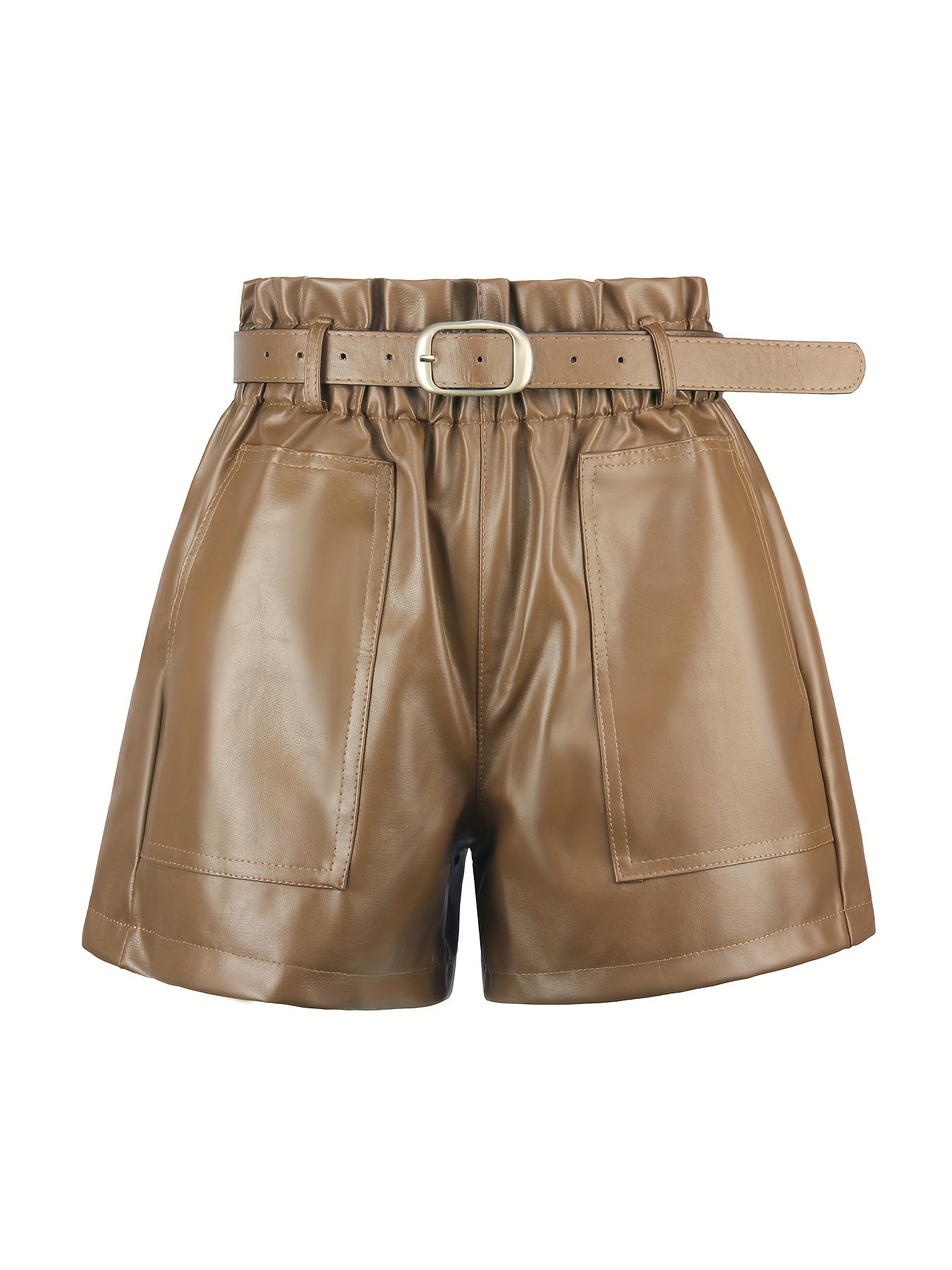 Faux Leather Shorts High Waisted Elastic Band Belted Shorts Flared Leg Faux Leather Shorts