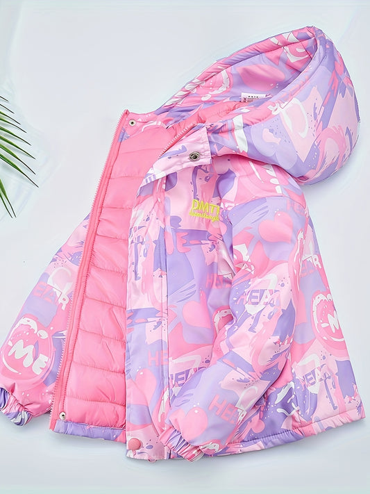 2024 Chic Girls' Hooded Puffer Jacket - Thick, Waterproof Winter Coat with Zip Closure & Cute Cartoon Print for Outdoor Fun