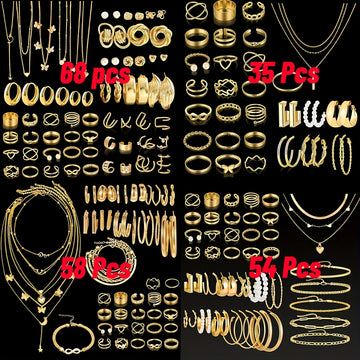 Jewelry Set Including 35/54/58/68pcs Featuring Easy Retro Designs Like Butterflies, Hearts, Faux Pearls, Twisted Knots, Stars, Moons, Wide Rings, Snake Chains, Braided Chains, And Geometric C-Shaped Earrings, Necklaces, Rings