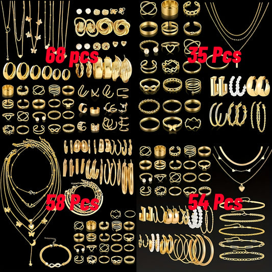 Jewelry Set Including 35/54/58/68pcs Featuring Easy Retro Designs Like Butterflies, Hearts, Faux Pearls, Twisted Knots, Stars, Moons, Wide Rings, Snake Chains, Braided Chains, And Geometric C-Shaped Earrings, Necklaces, Rings