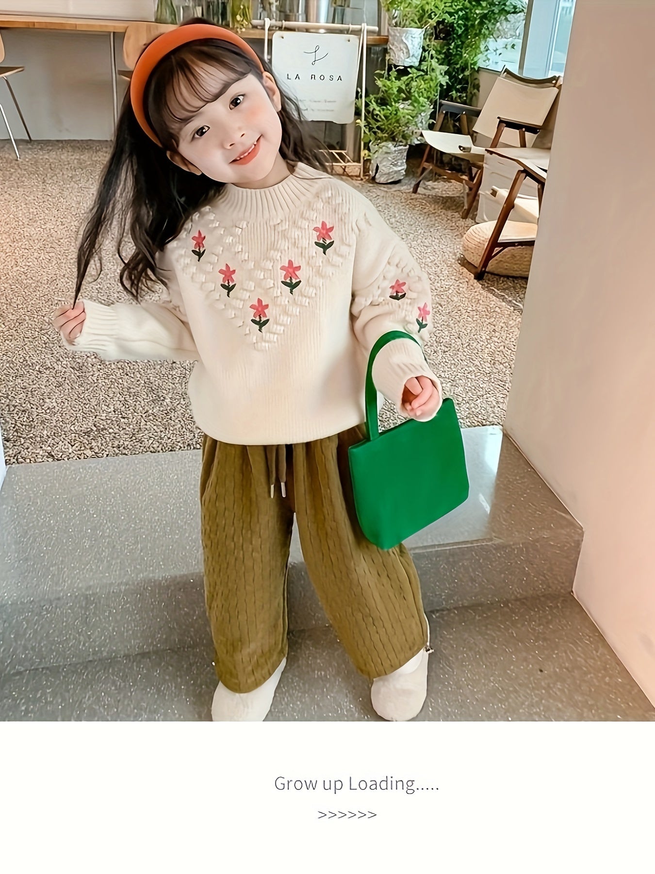 Thick Sweet Flowers Pattern Knit Comfy Crew Neck Long Sleeve Sweater For Girls Winter/ Fall Clothing