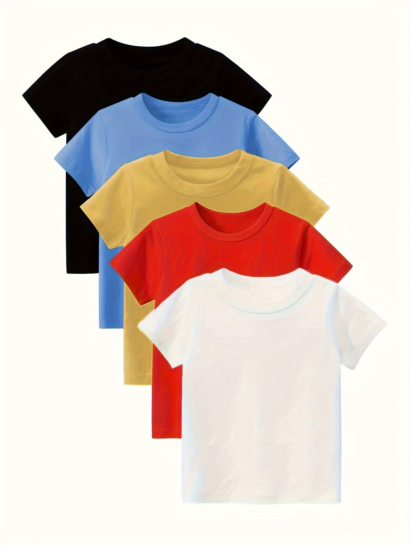 5pcs Boys’ Vibrant Solid Color Crew Neck T-Shirts – Classic Short Sleeve Tees