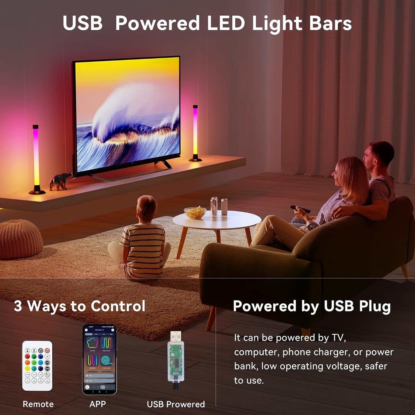 2PCS RGBIC Light Bars – App & Remote USB Mood Lights with Music Sync (16M Colors, 8 Modes)