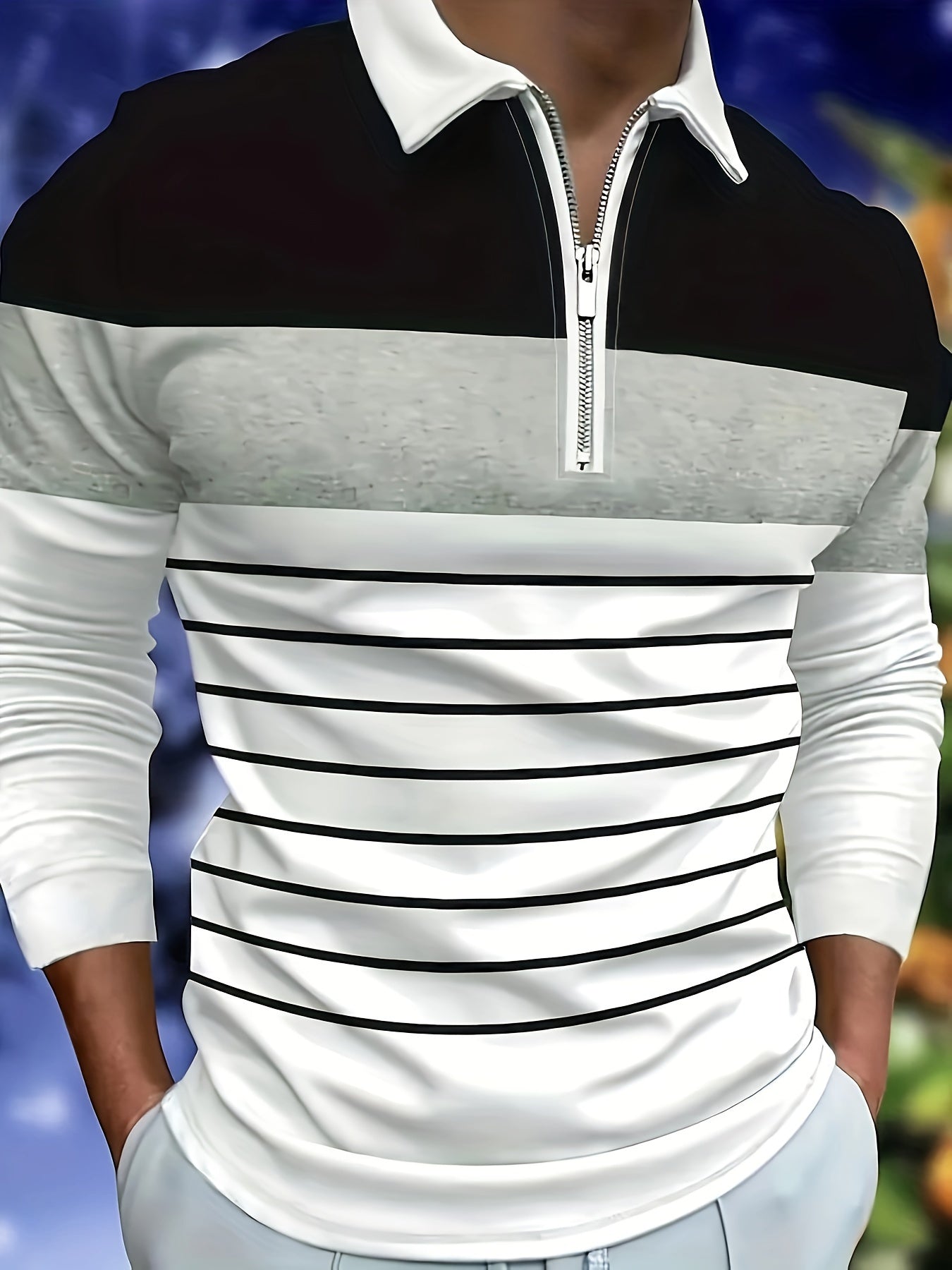 Long Sleeve Men's Color Blocking Stripes Pattern Lapel T-shirt for Spring and Autumn, Casual Trendy Golf Tops as Gift