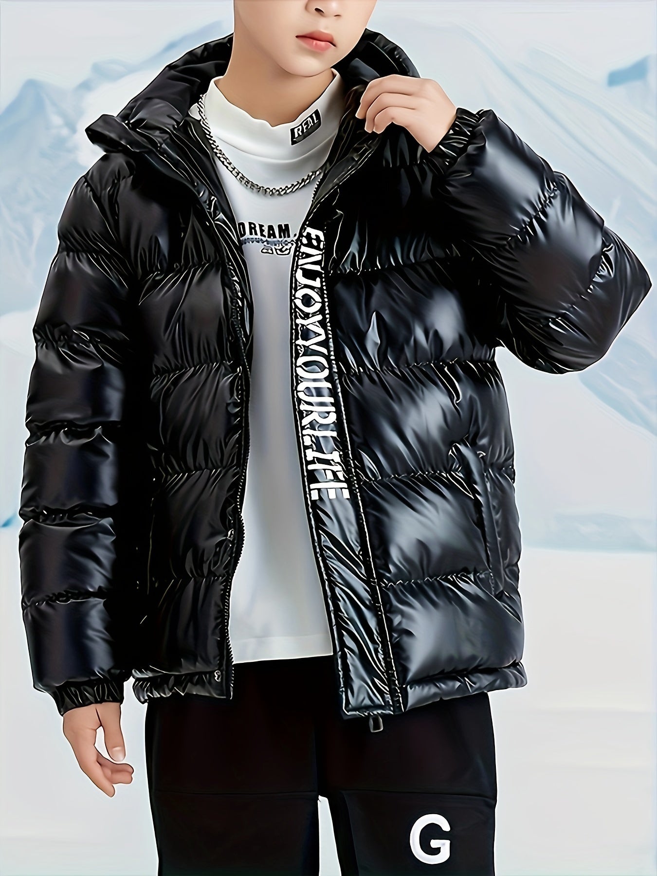 Boys' Warm Metallic Color Hooded Padded Jacket - Snow Suits with Zip Up Coat, Ego and Love Letters Print