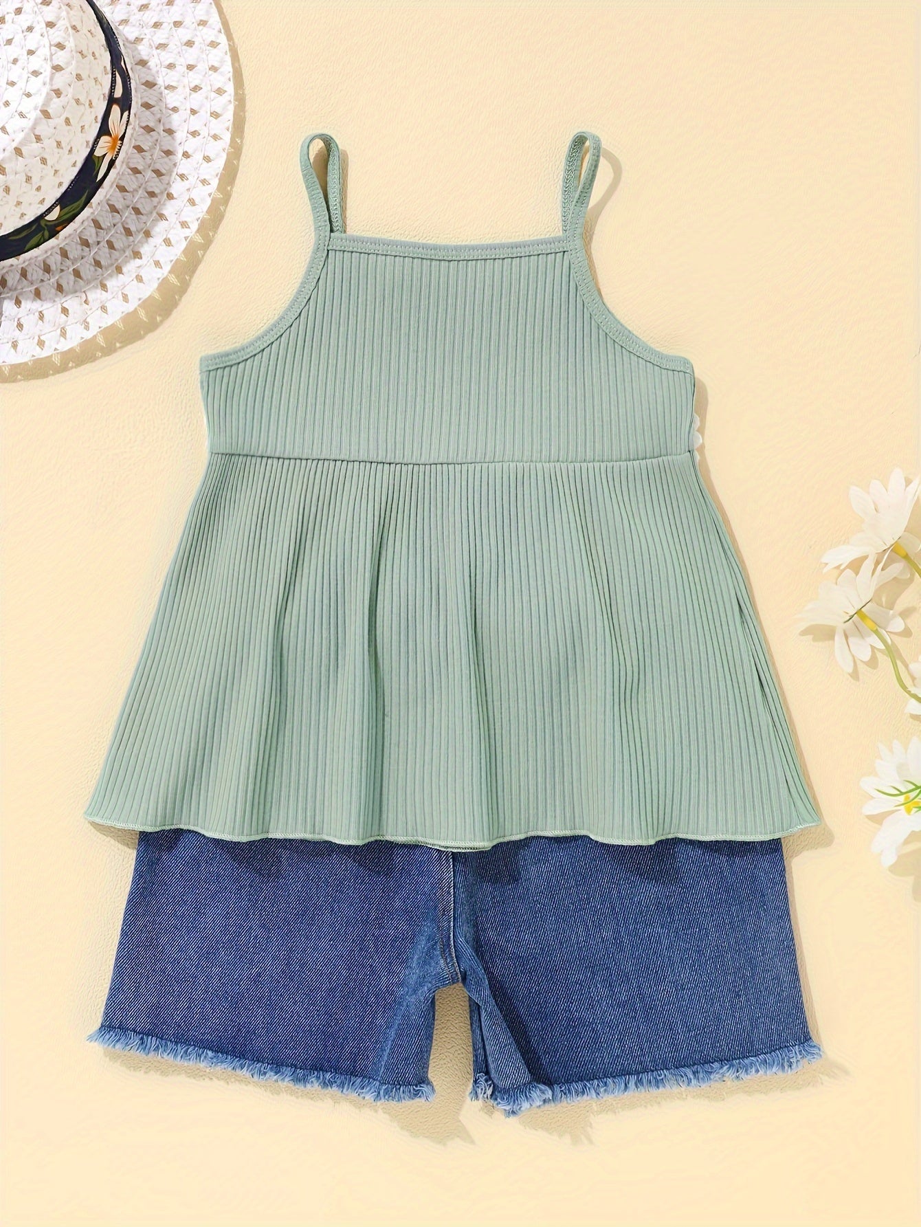 2pcs Toddler Girl's Ruffle Decor Flower Cami Top & Elastic Waist Denim Shorts Set Kid's Summer Clothes