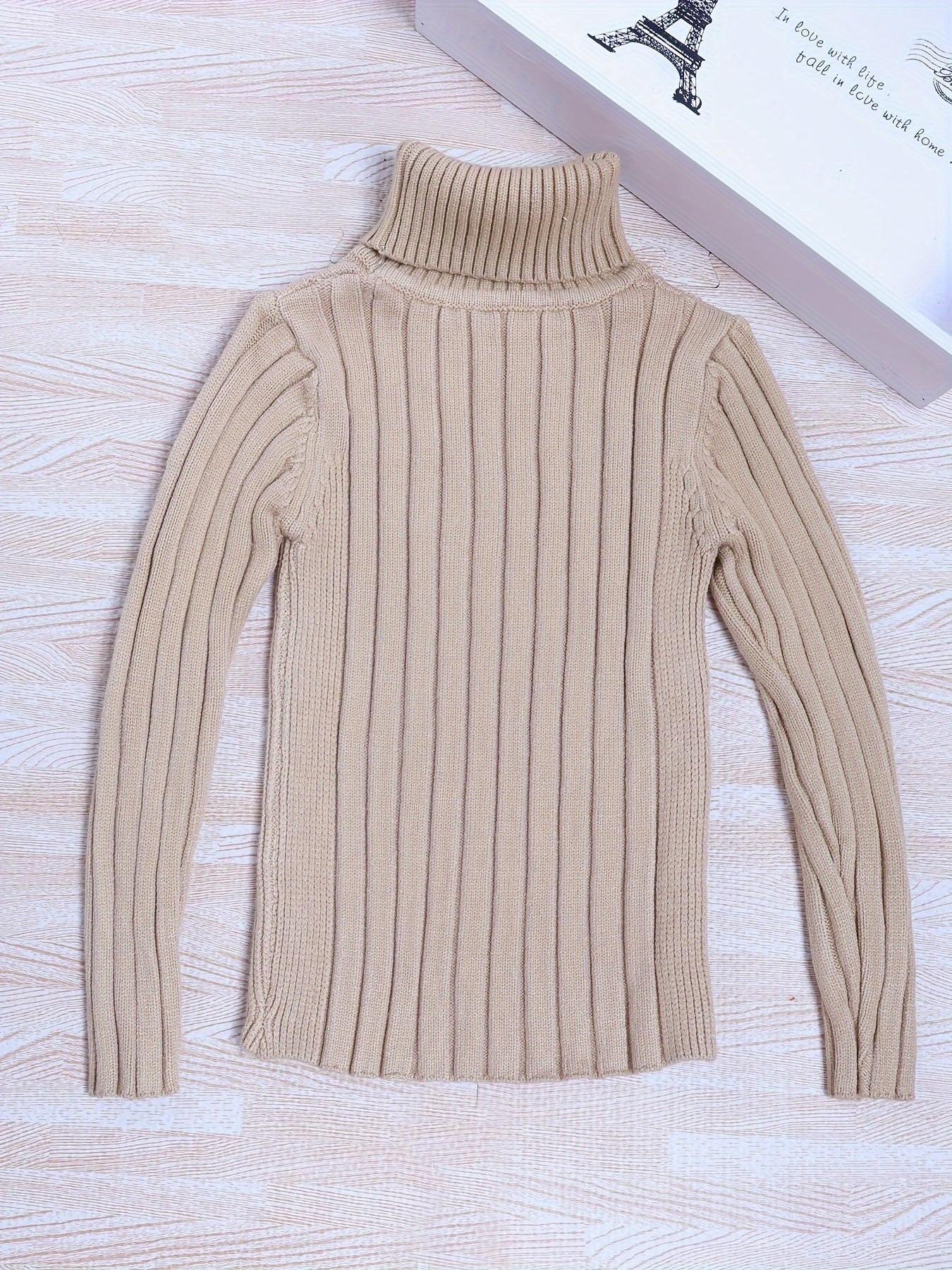 Long Sleeve Girls Elegant Turtleneck Knit Sweater for Spring Autumn with Vertical Striped Pattern