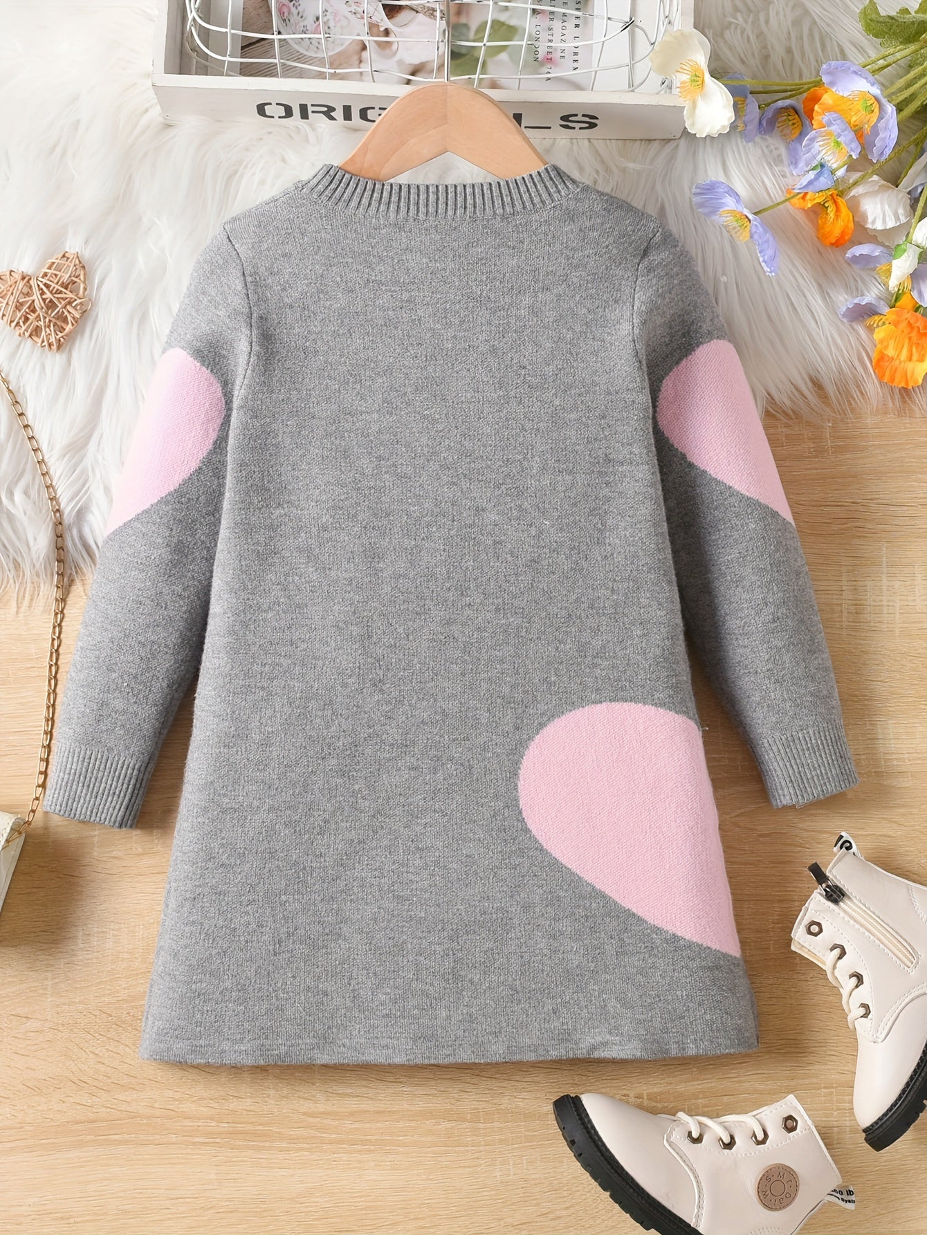 Long Sleeve Girls Warm & Comfy Hearts Pattern Knitted Sweater Dress for Spring & Fall