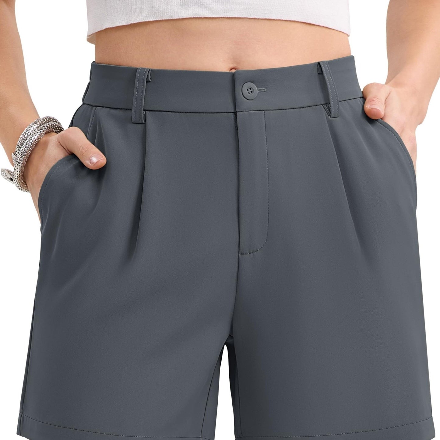 Women's Shorts Dressy Casual Pleated Straight Leg Shorts Summer Elastic Waist Mid Rise Shorts With Pockets Solid Casual Outdoor Shorts Straight-Leg Camping Shorts Breathable Lightweight Stylish Running Shorts