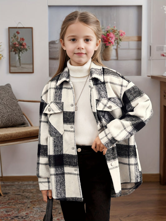 Girls' Fashionable Corduroy Coat - Long Sleeve, Plaid Pattern, Button-Up, Pockets, Water-Resistant, Warm, and Stylish for Spring, Fall, and Winter Outdoor Activities