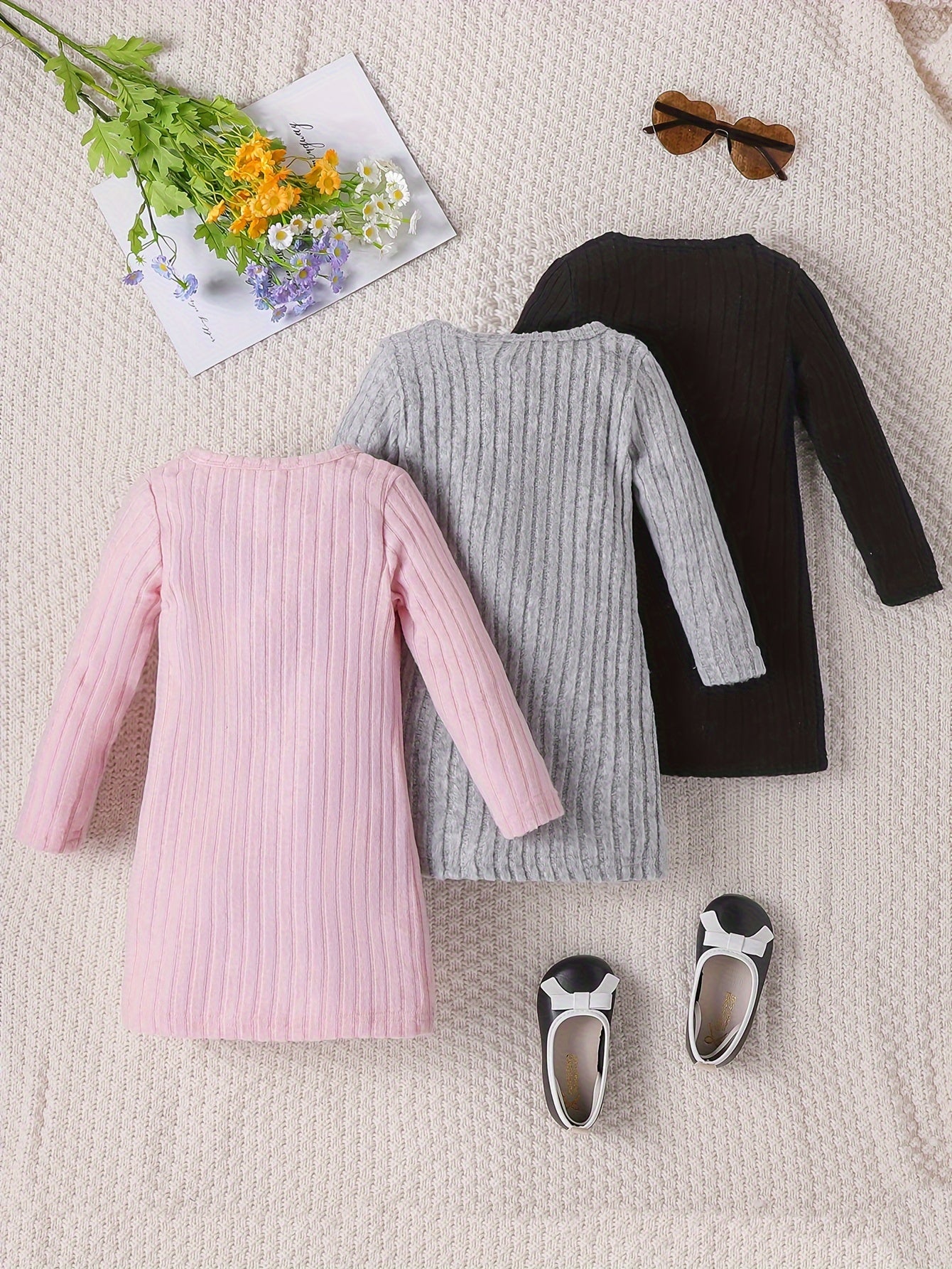 3pcs Solid Ribbed Knit Comfy Dress Set for Girls, Elegant Dresses for Spring Fall Gift, Outdoor Cloth