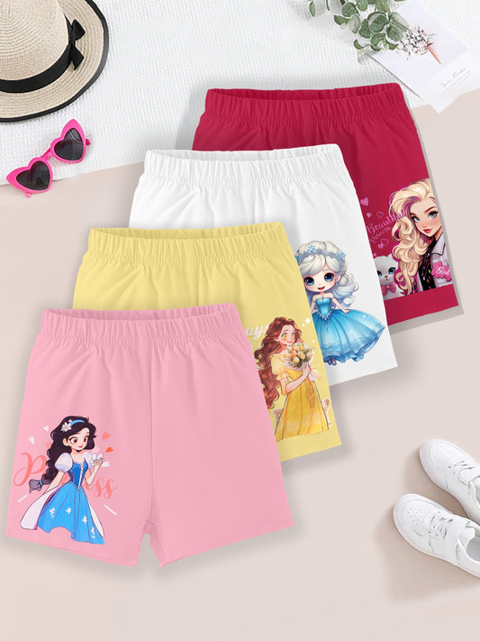 Girls 4pcs/set Cute & Casual Cartoon Princesses Graphic Print Shorts