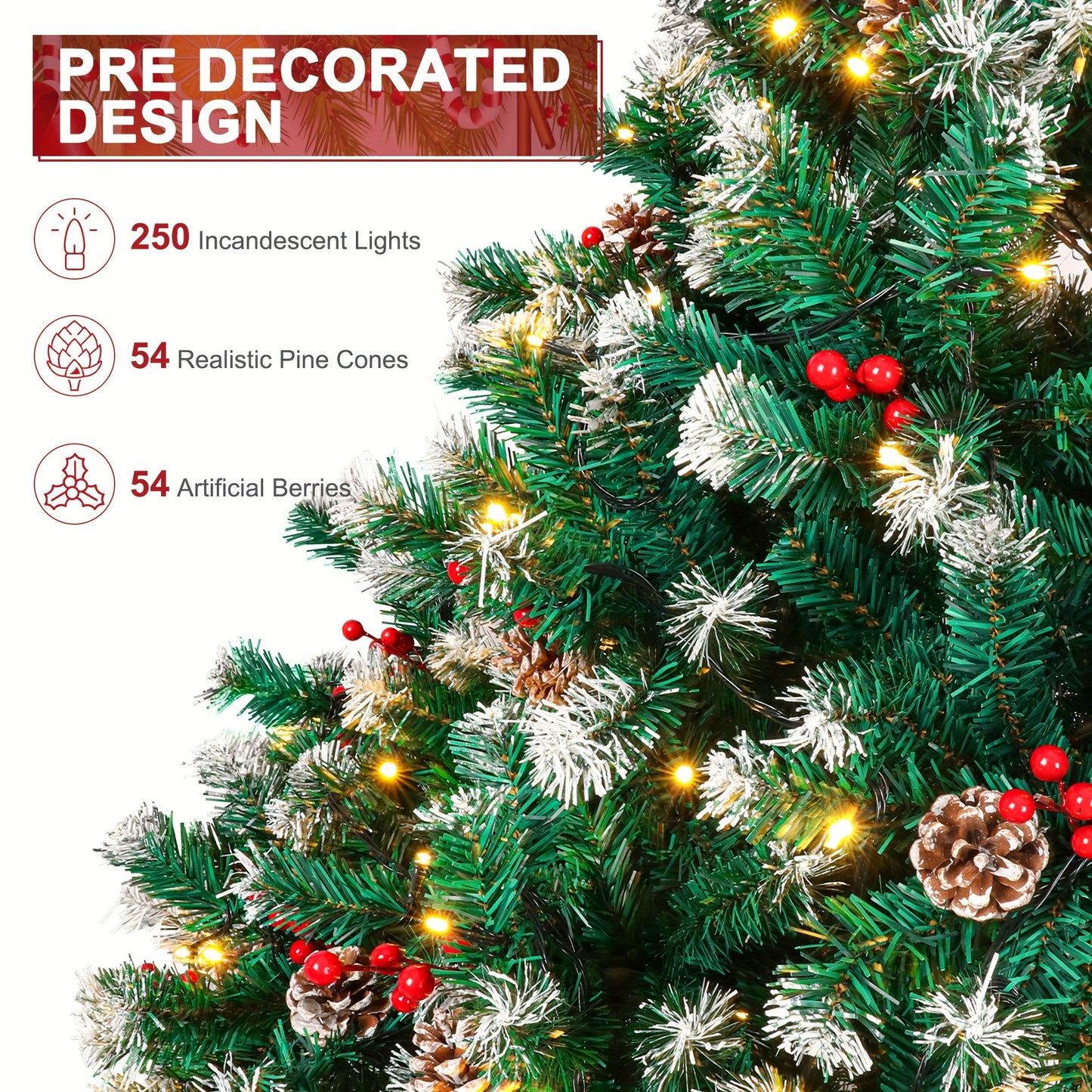 6 Ft Prelit Artificial Christmas Tree – 800 PVC Tips, 250 Warm White LED Lights, Hinged Branches & Metal Stand