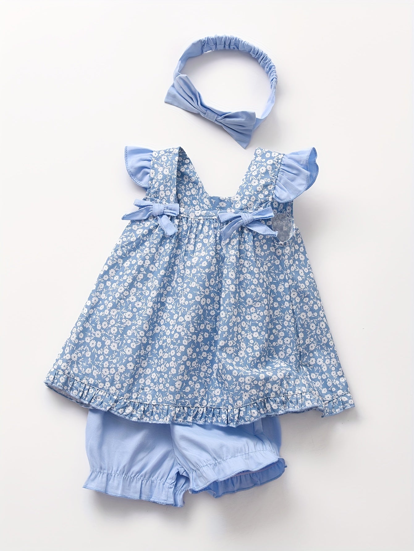 2pcs Comfy Cotton Toddler & Infant Girl's Clothing Set: Square Neck Flower Pattern Cap Sleeve Top & Shorts for Summer