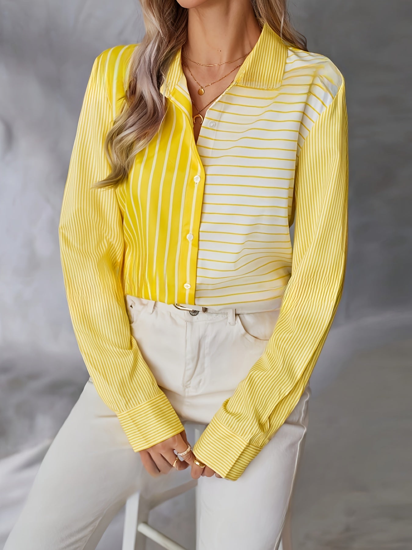 Vibrant Stripe Print Button Front Long Sleeve Shirt - Elegant Color Block Design, Comfortable Fit, Perfect for Spring & Fall Seasons, Women's Fashion Clothing